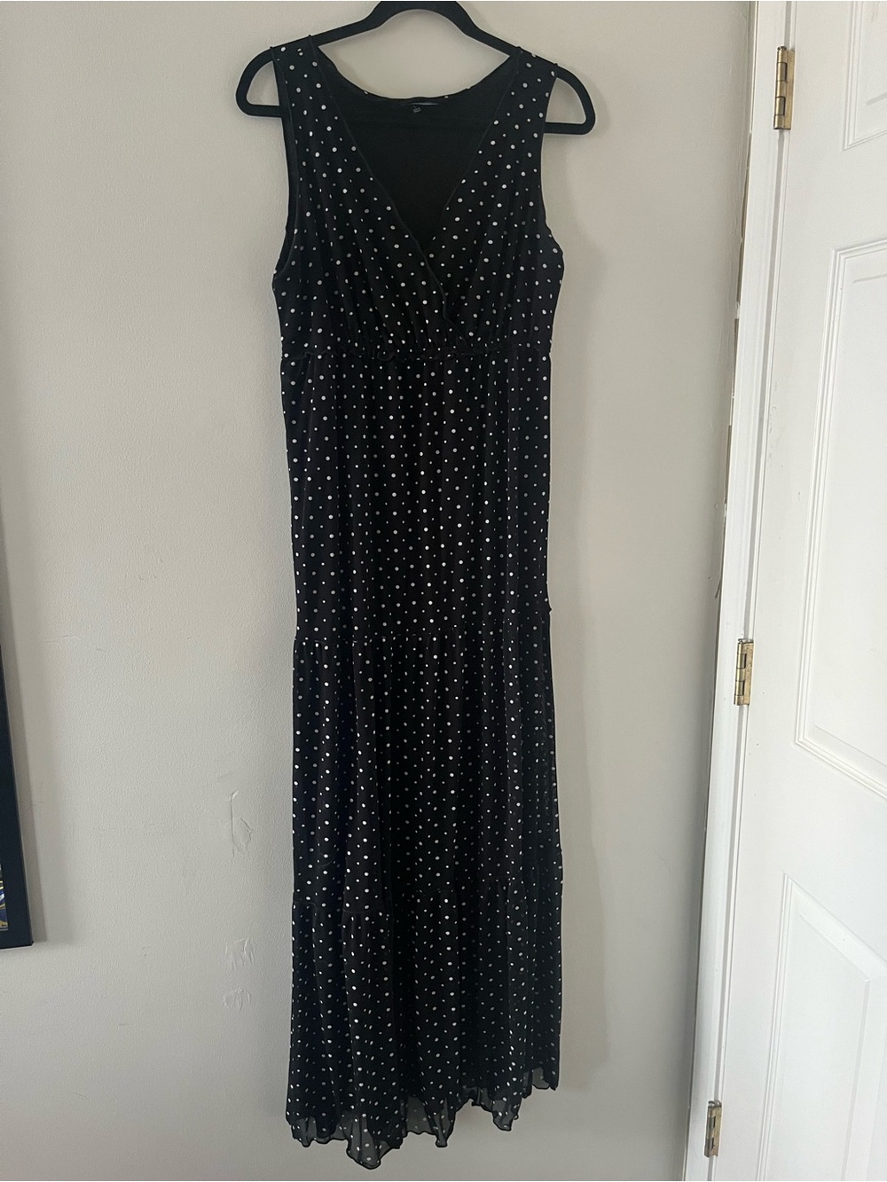 Relativity Black White Polka Dot Maxi Dress Large Sleeveless Empire Waist 90s